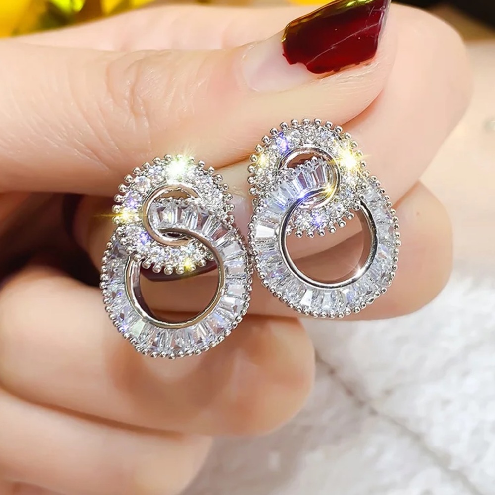 New Silver Round Cute Bling Zircon Stone Stud Earrings